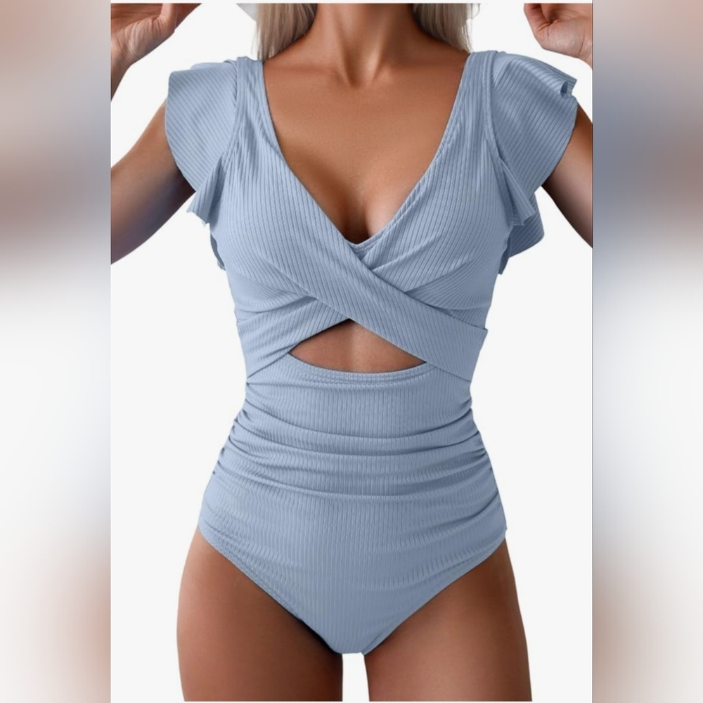 B2Prity Elegant Blue Women's One Piece Wrap Front Swimsuit Size Med